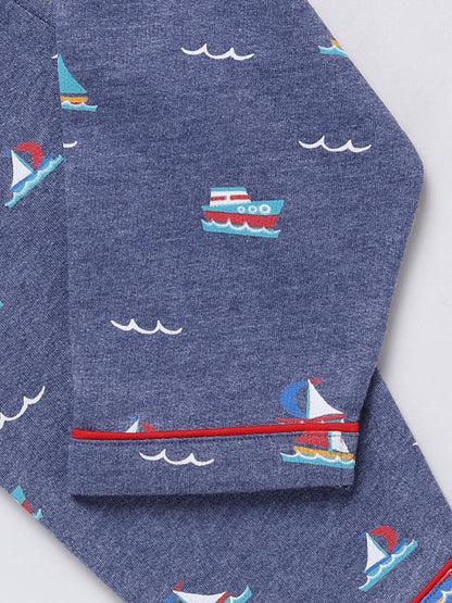 Blue Boat Print Full Sleeve Nightwear Set
