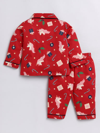 Unicorn Christmas Red Full Sleeve Nightwear Set