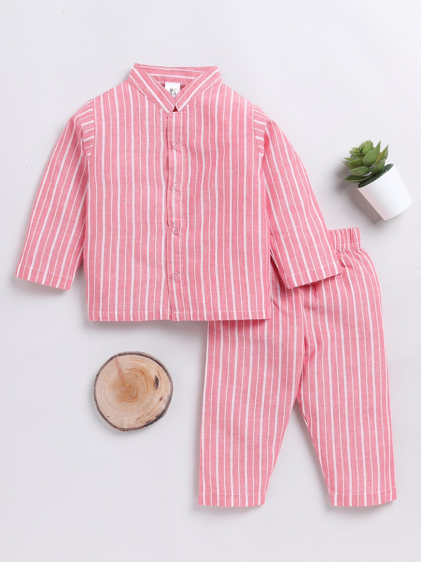 Striped Coral Full Sleeve Nightwear Set