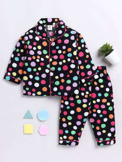 Polka Dots Black Full Sleeve Nightwear Set