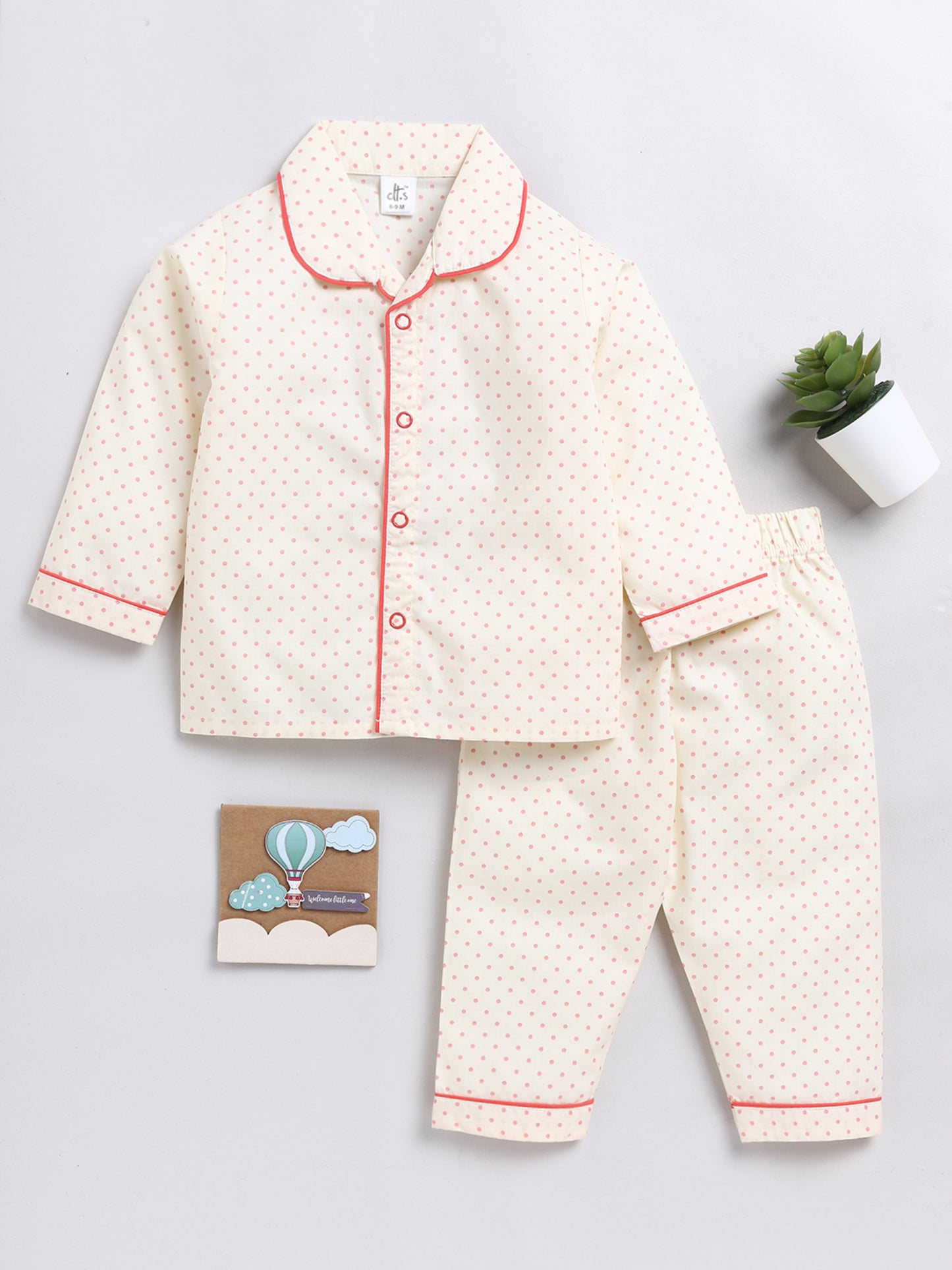 Polka Dots Cream Full Sleeve Nightwear Set