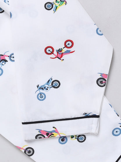 Racing Bike Print White Full Sleeve Nightwear Set