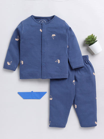 Graphic Print Blue Full Sleeve Nightwear Set