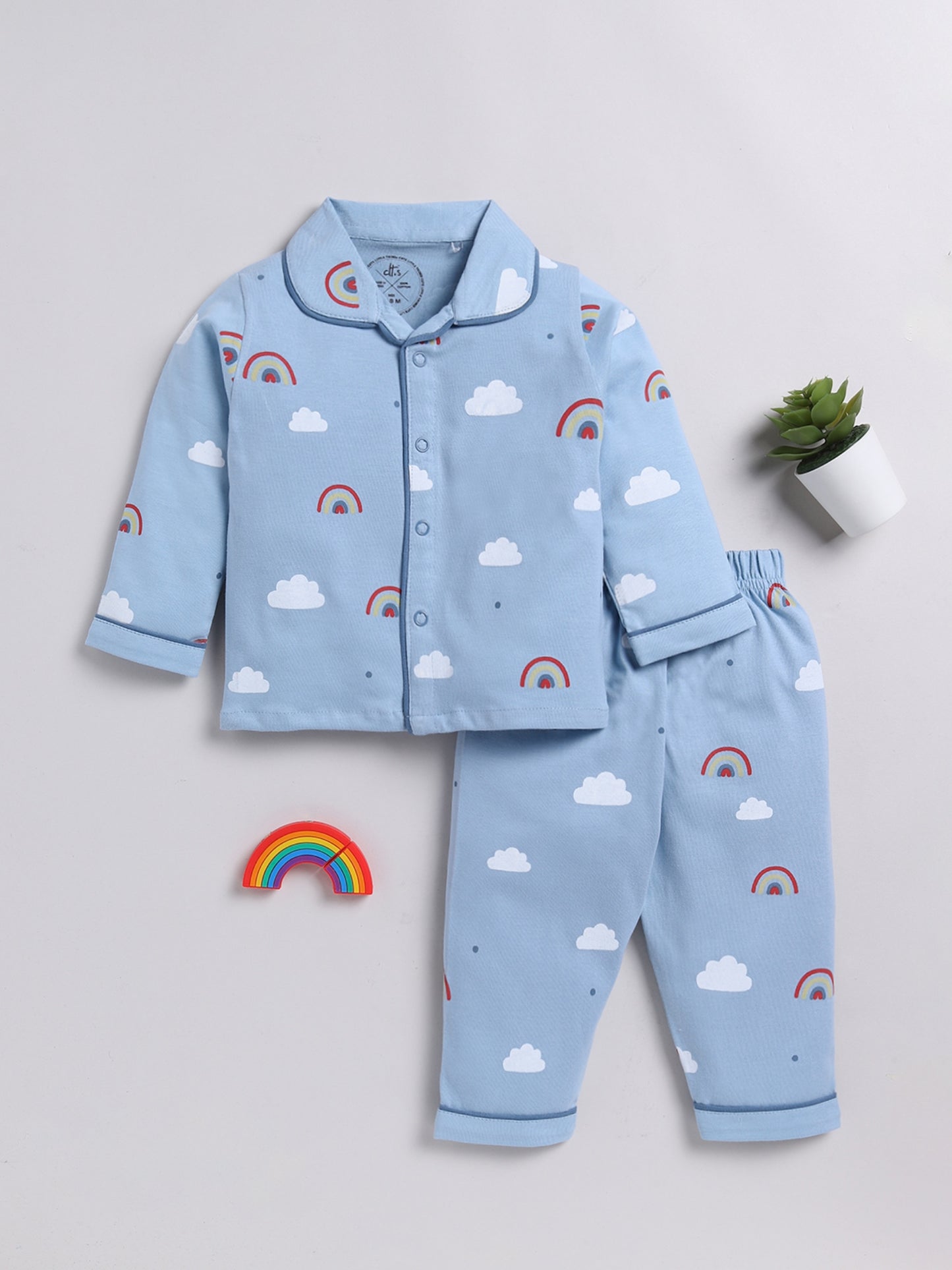 Rainbows & Clouds Print Blue Full Sleeve Nightwear Set