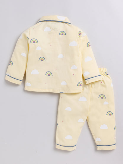 Rainbows & Clouds Print Yellow Full Sleeve Nightwear Set