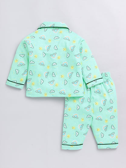 Clouds & Rainbow  Green Full Sleeve Nightwear Set