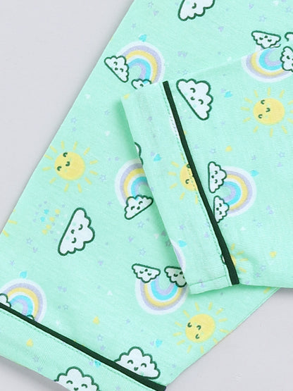 Clouds & Rainbow  Green Full Sleeve Nightwear Set