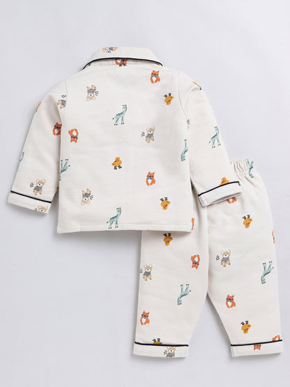 Zoo Print Beige Full Sleeve Nightwear Set