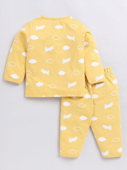 Aeroplane & Clouds Yellow Full Sleeve Nightwear Set