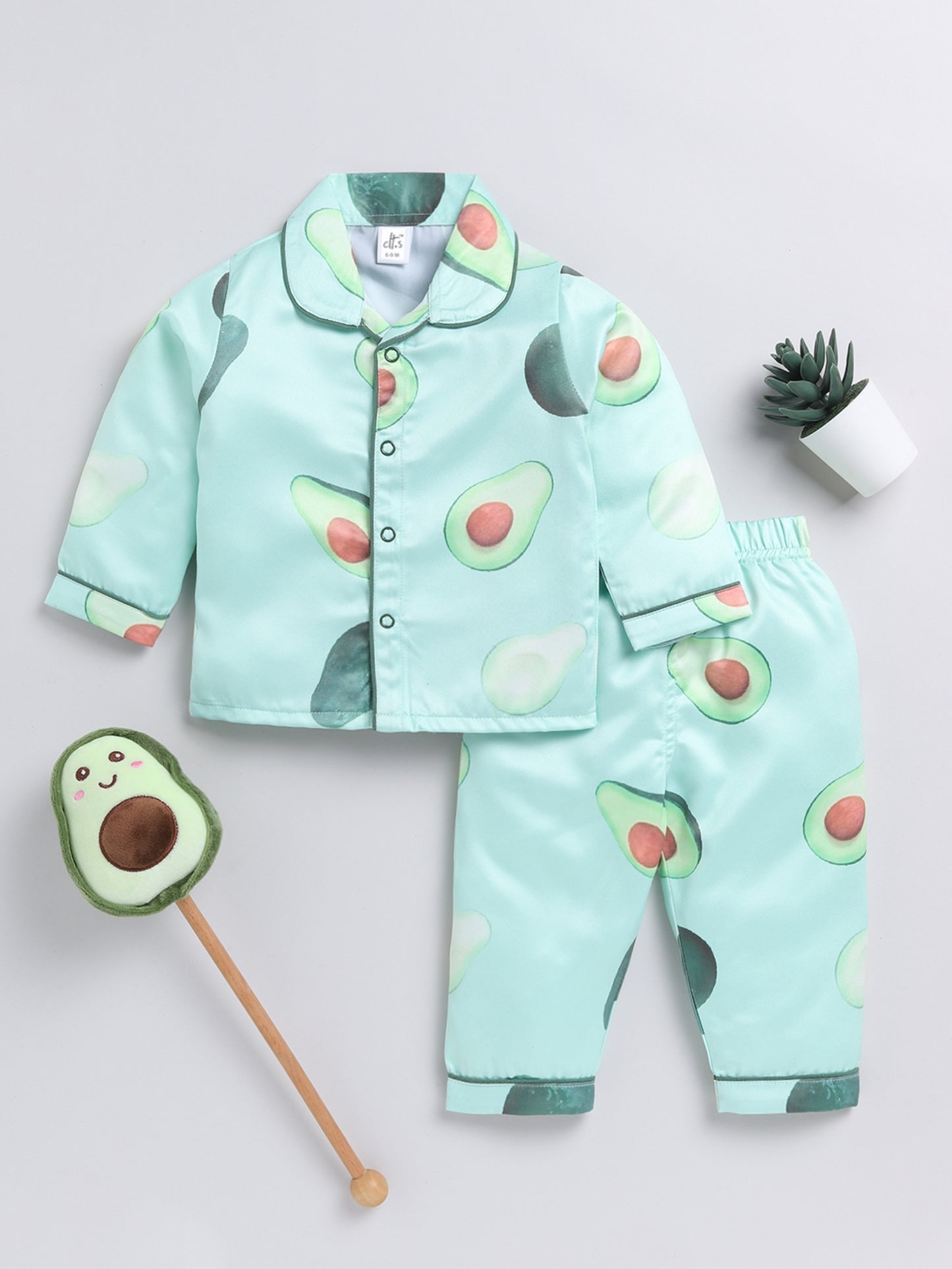 Green Avocado Print Satin Night Suit