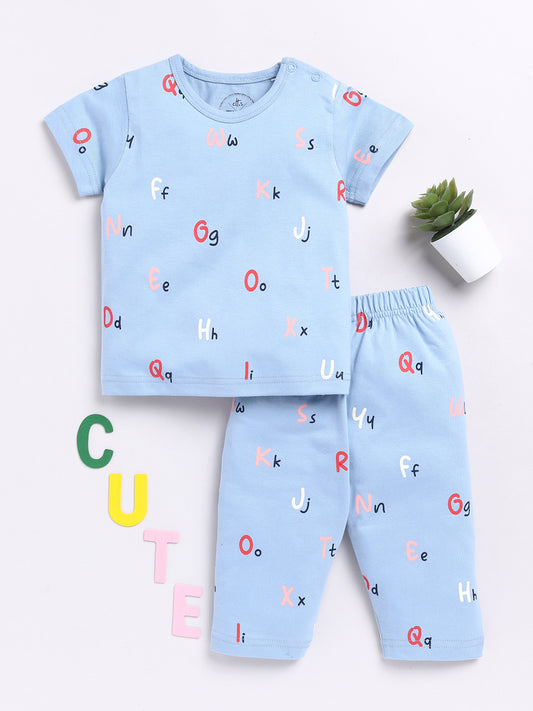 Blue Alphabet Print Half Sleeve Night Suit