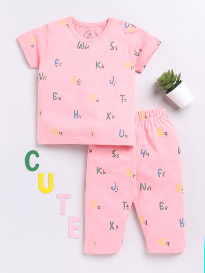 Pink Alphabet Print Half Sleeve Night Suit