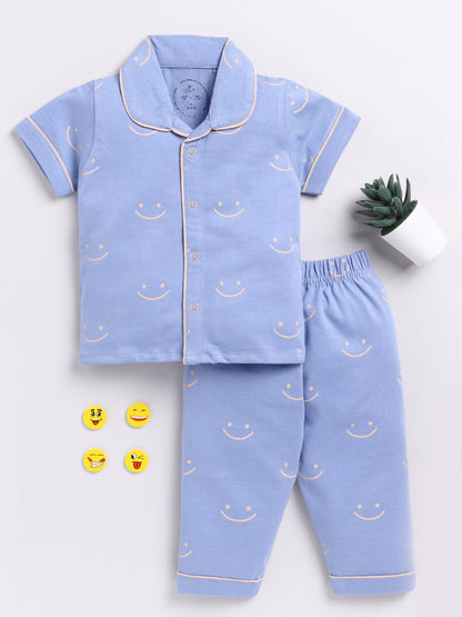 Blue Smiley Print Half Sleeve Night Suit