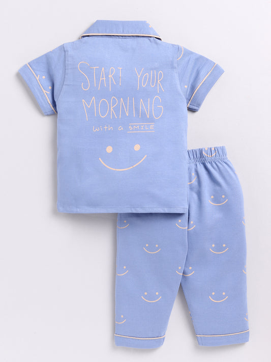 Blue Smiley Print Half Sleeve Night Suit