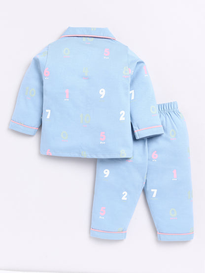 Blue Numbers Print Full Sleeve Night Suit