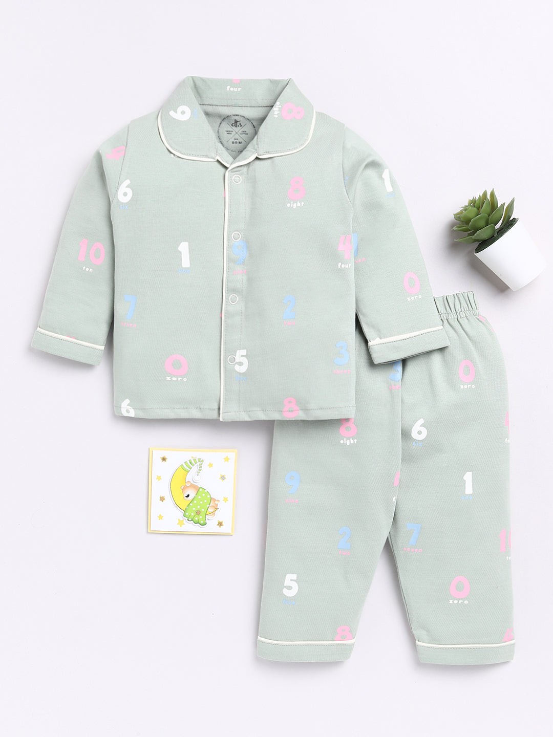 Green Numbers Print Full Sleeve Night Suit