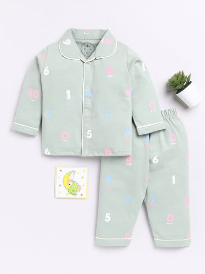 Green Numbers Print Full Sleeve Night Suit