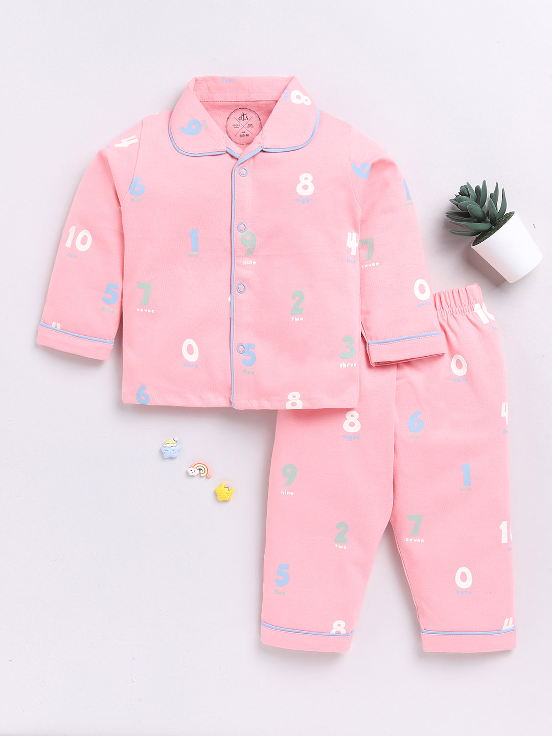 Pink Numbers Print Full Sleeve Night Suit