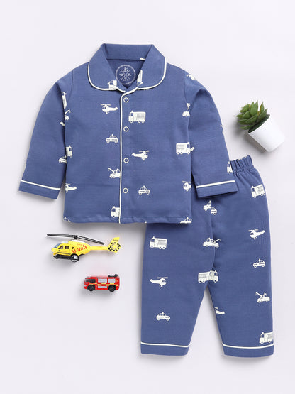 Blue Vehicle Print Full Sleeve Night Suit