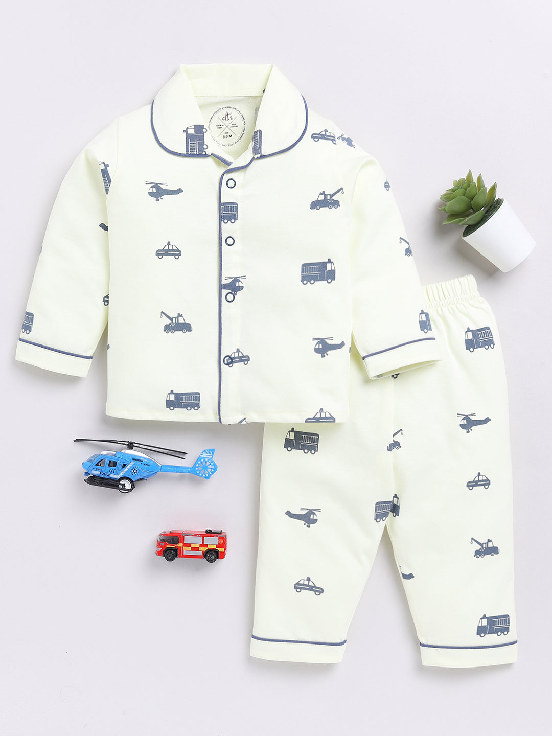 Yellow Vehicle Print Full Sleeve Night Suit