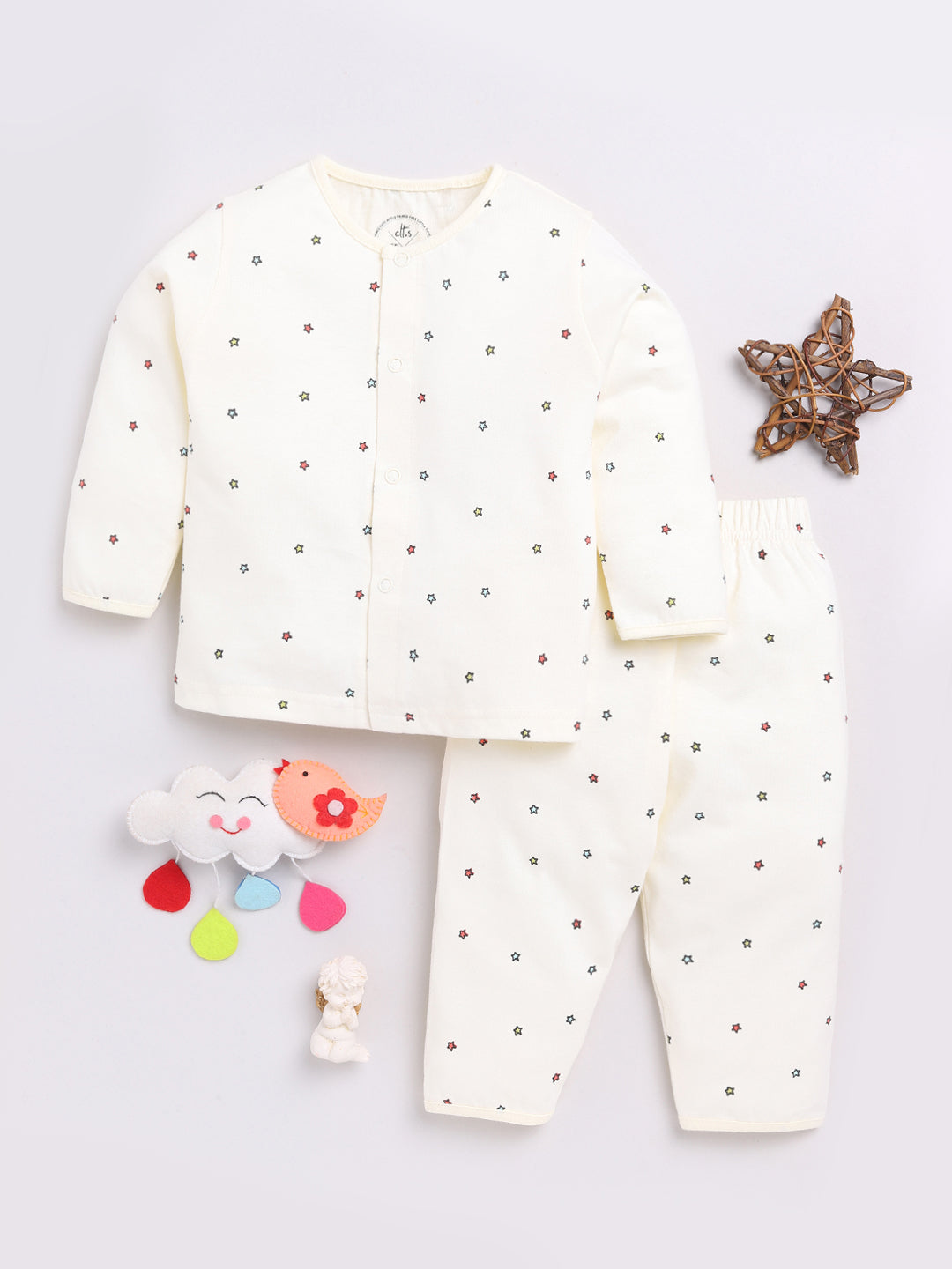 Cream Stars Print Full Sleeve Night Suit