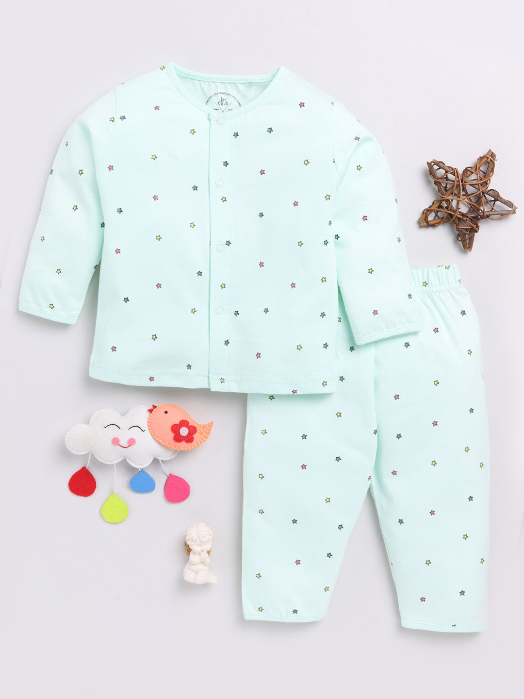 Sea Green Stars Print Full Sleeve Night Suit