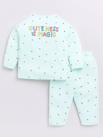 Sea Green Stars Print Full Sleeve Night Suit