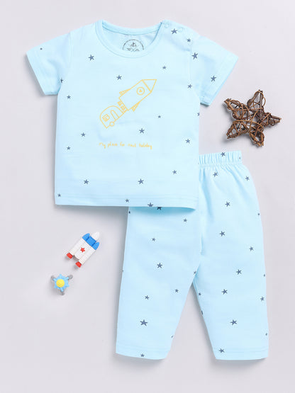 Blue Rocket Print Half Sleeve Night Suit