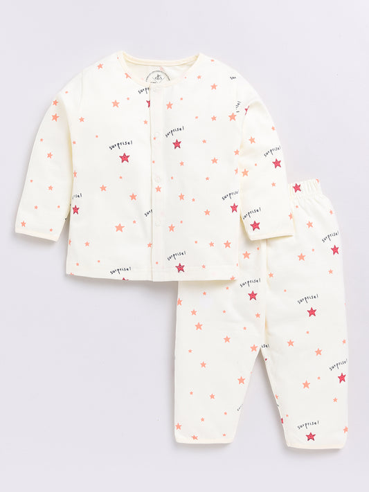 Cream Stars Print Full Sleeve Night Suit