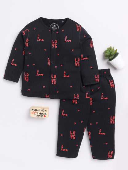 Black LOVE Print Full Sleeve Night Suit