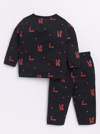 Black LOVE Print Full Sleeve Night Suit