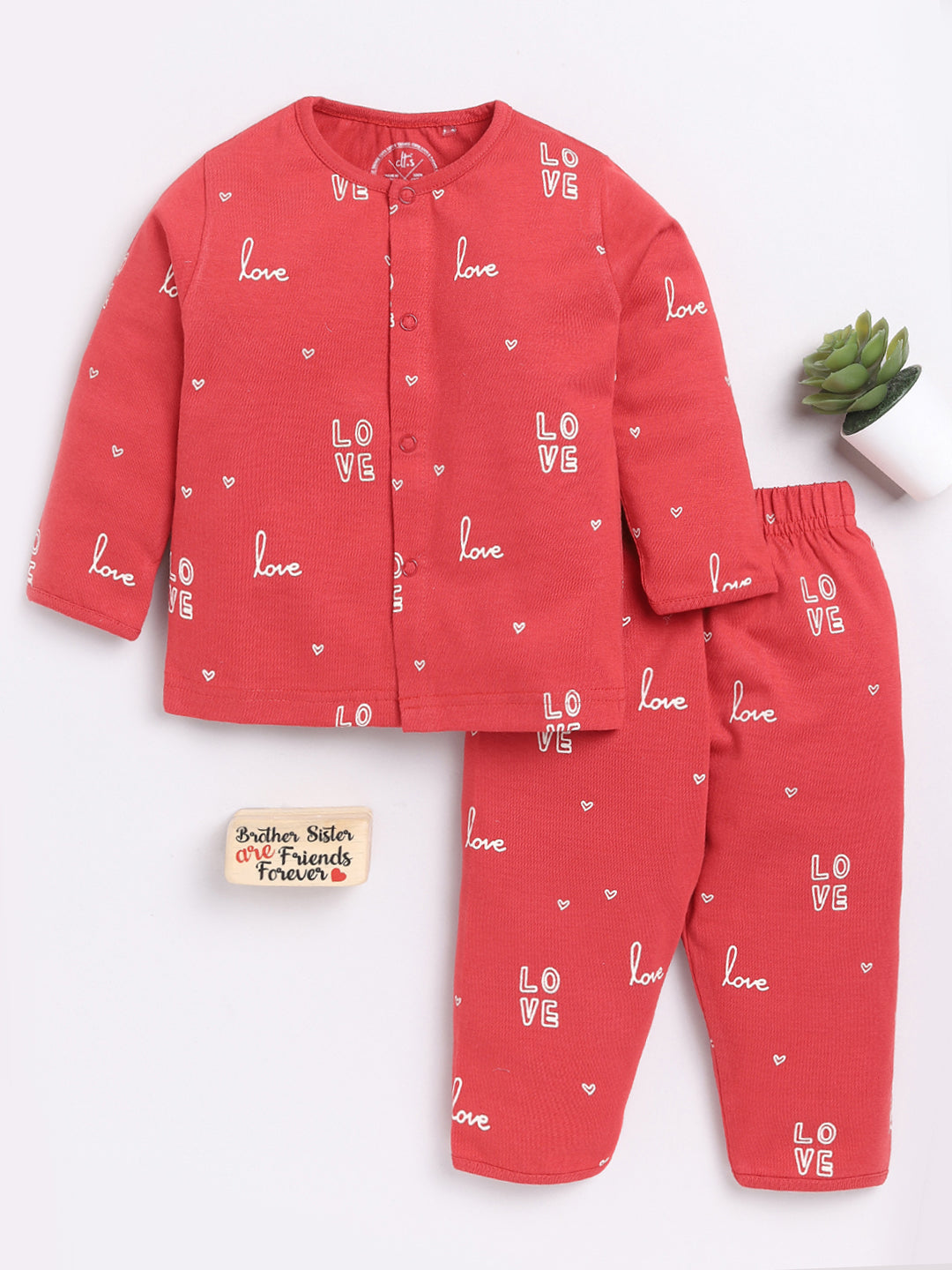 Red LOVE Print Full Sleeve Night Suit