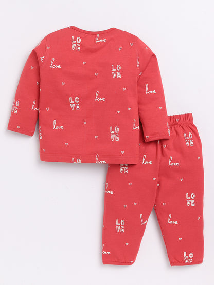 Red LOVE Print Full Sleeve Night Suit