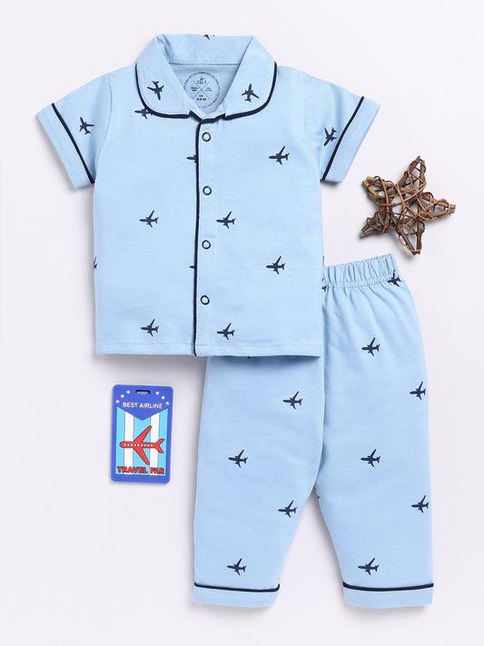 Blue Airplane Print Half Sleeve Night Suit