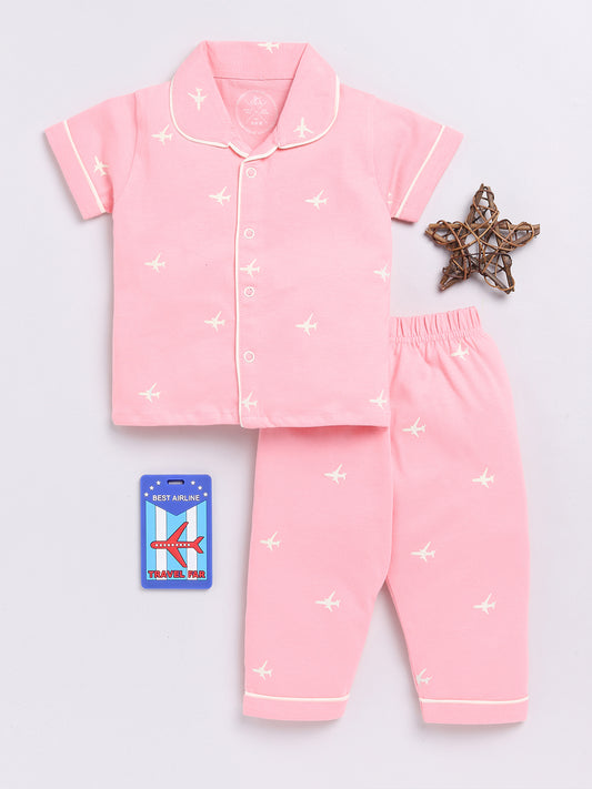 Pink Airplane Print Half Sleeve Night Suit