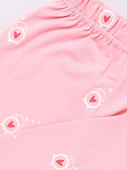 Pink Hearts Print Half Sleeve Night Suit