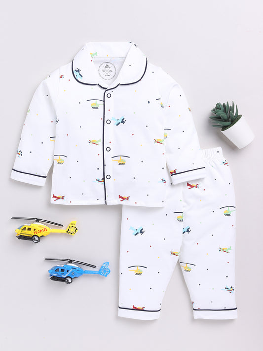 White Helicopter Print Full Sleeve Night Suit