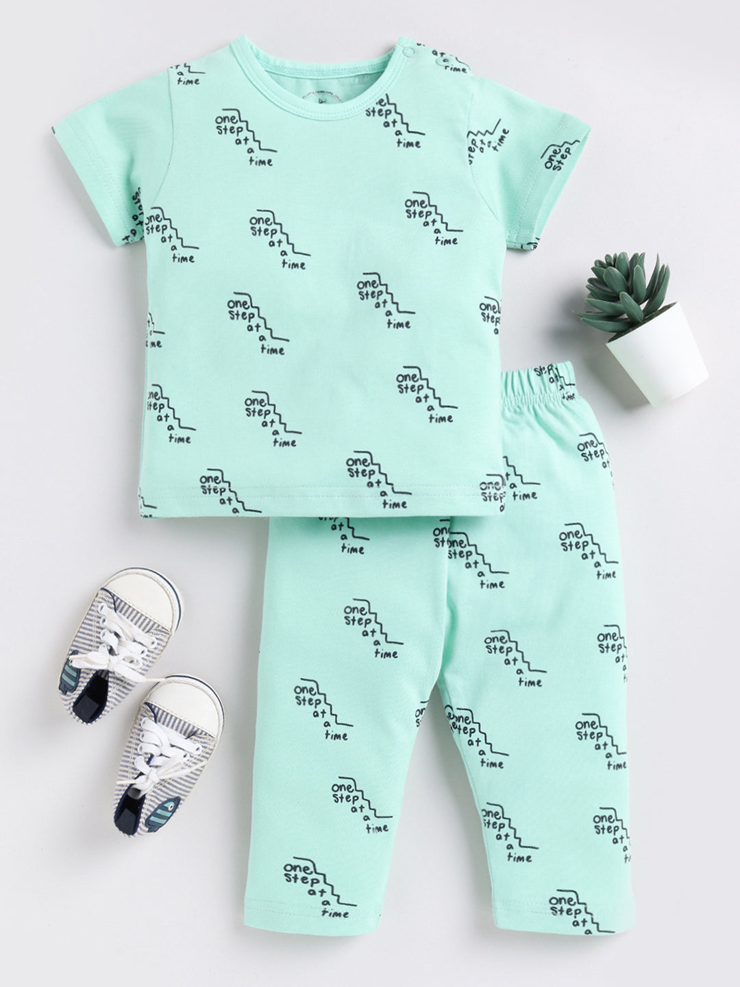 Green Typography Half Sleeve Night Suit