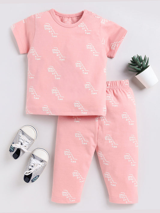 Pink Typography Half Sleeve Night Suit