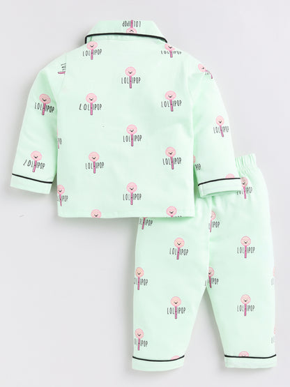 Green Lollipop Print Full Sleeve Night Suit