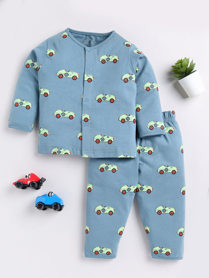 Blue Car Print Full Sleeve Night Suit