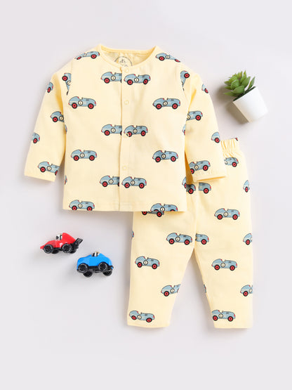 Yellow Car Print Full Sleeve Night Suit