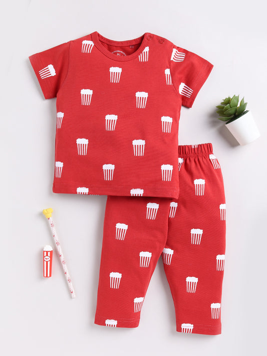 Red Popcorn Print Half Sleeve Night Suit