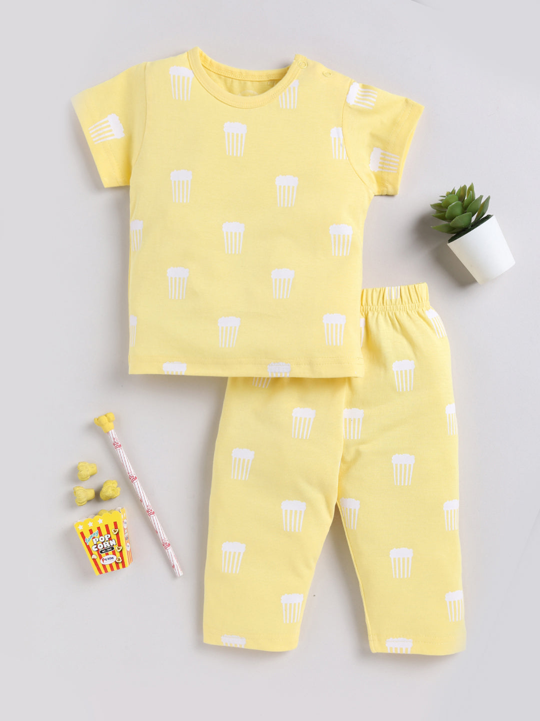 Yellow Popcorn Print Half Sleeve Night Suit