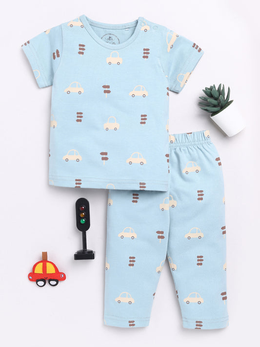 Blue Car Print Half Sleeve Night Suit