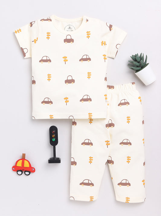 Cream Car Print Half Sleeve Night Suit