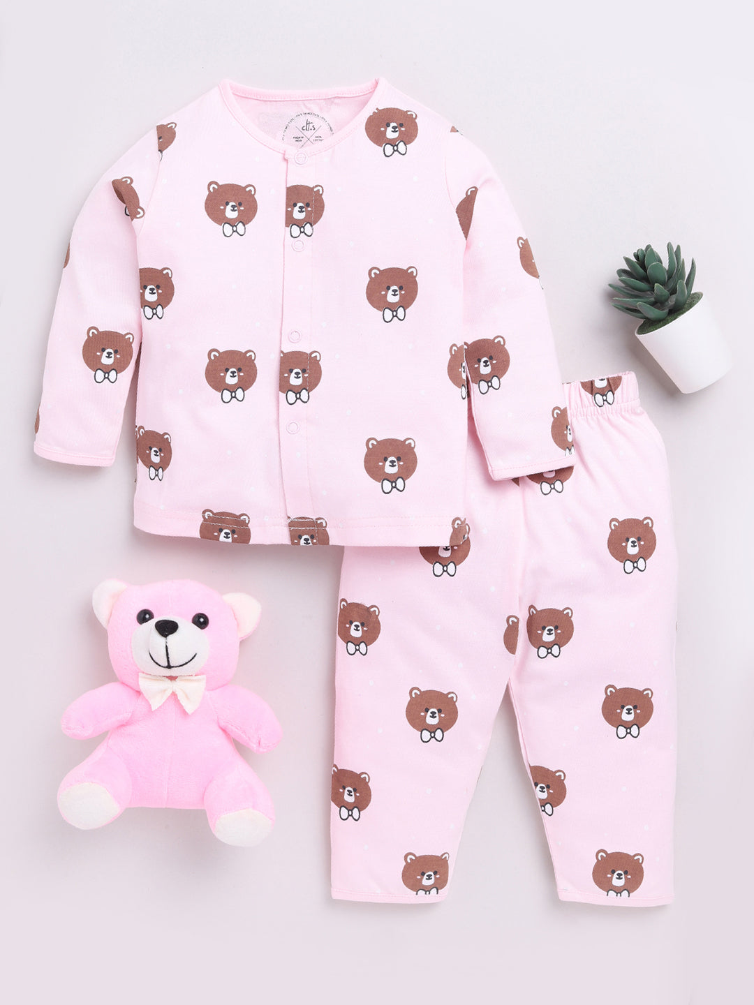 Pink Teddy Print Full Sleeve Night Suit