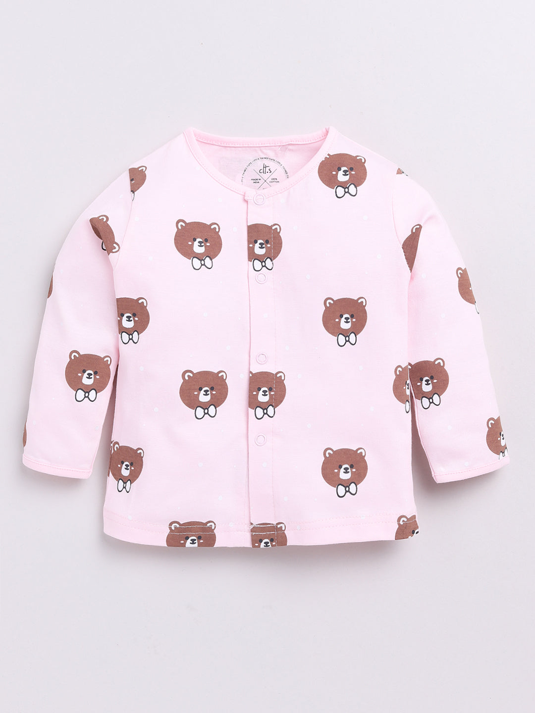 Pink Teddy Print Full Sleeve Night Suit