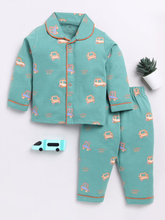 Teal Car Print Full Sleeve Night Suit