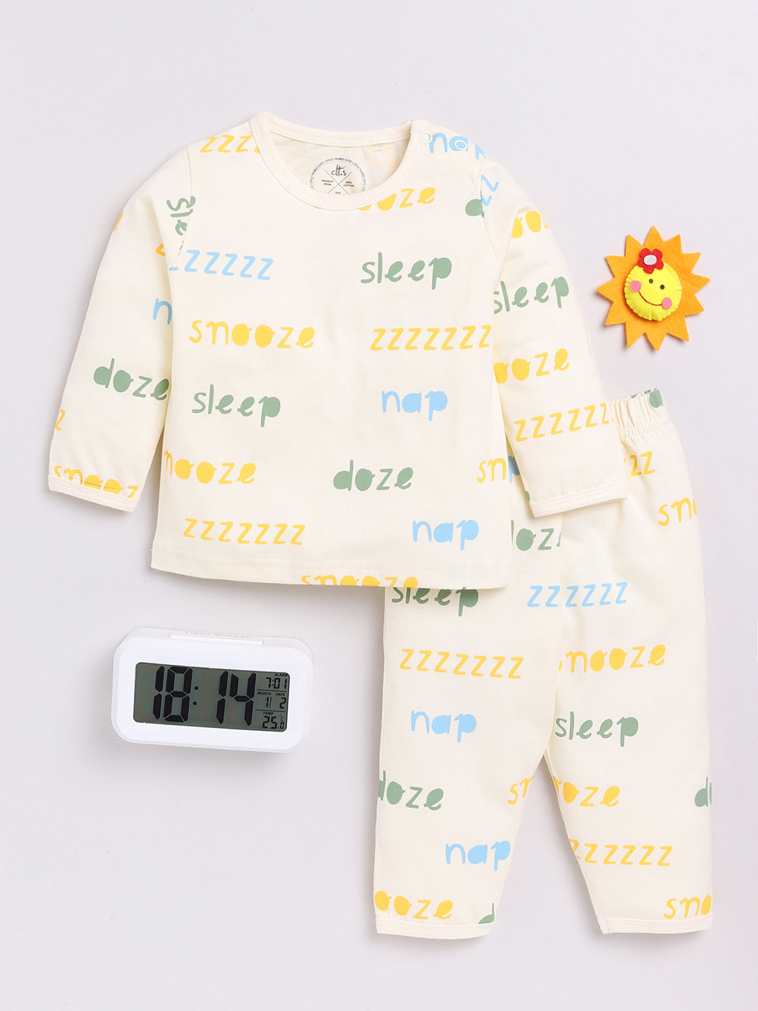 Cream Zzzz Print Full Sleeve Night Suit